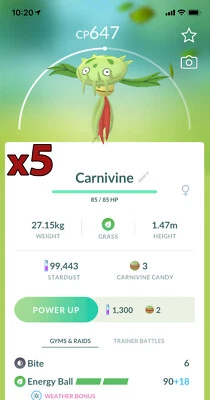 5x Carnivine Pokemon Bundle !! Good Chance of Lucky and Good IVs !! Go