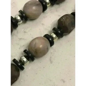 Unique Chunky Beaded Necklace Brown Beige Marbled Black Silver Tone Boho Neutral - Picture 1 of 14