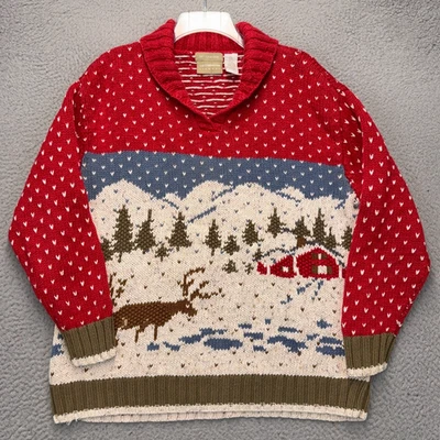 Suéter De Colección Liz Claiborne Para Mujer Grande Mantón Rojo Ciervos Granja Naturaleza Montañas Foto 1 de 4