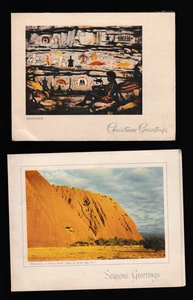 VINTAGE CHRISTMAS CARDS c1950s x 2 Ayers Rock + Meditation Rock Art ABORIGINAL - Picture 1 of 4