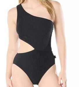 Michael Kors Ribbed One-Shoulder Side-Cutout Swimsuit Black Women's Size 14 NWT - Picture 1 of 11