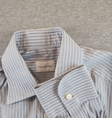 Camisa Ermenegildo Zegna Para Hombres 15.5 39 Azul Vestido Rayas Botón Francés Extendido Foto 1 de 4