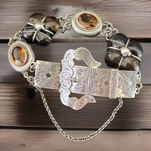 "Antigua pulsera victoriana escocesa de ágata, citrino y plata, 9,25"" ajustable" - Imagen 1 de 11