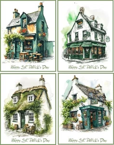 St. Patrick's Day Irish Pubs 8 Blank Card 8 Glossy Watercolor envelopes included - Picture 1 of 3