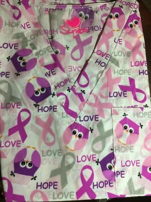 SCRUB TOP SIZES: XS, S, M, L, OWLS PINK RIBBON BC NWT NURSE MEDICAL VET CNA Owl - Image 1 of 4
