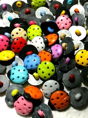 40 LadyBugs Black Body Multicolor Plastic Novelty Buttons/ DIY Sewing supplies  - Image 1 of 4