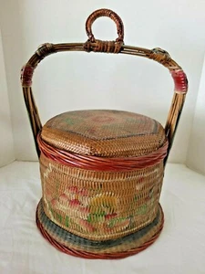 Asian Hand Woven and Painted Wedding Wicker Basket: Rattan Bamboo Vintage - Picture 1 of 12