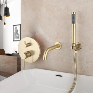 Grifo mezclador de latón broche giratorio de 3 piezas con aerosol manual de baño grifo de latón cepillado oro - Imagen 1 de 11