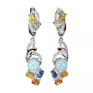 Verano 925 Pendientes Plata Redondo Aguamarina Zafiro Gema Natural Joyería - Imagen 1 de 10