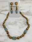 Vintage Hobe Necklace & Clip Earrings Set Bronze And Turquoise Glass Beads