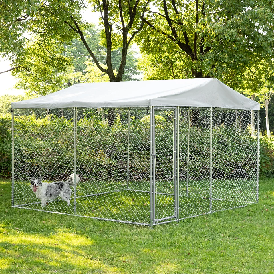 MEETWARM Large Outdoor Dog Kennel Heavy Duty Metal Big Dog Cage for Dog Playpen w/ Roof