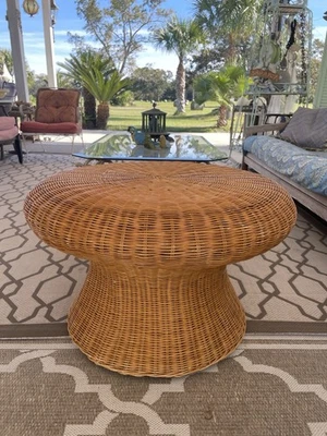 RARE Vintage MCM Boho Tiki Woven Wicker Rattan Bamboo Mushroom Table - Image 1 of 4
