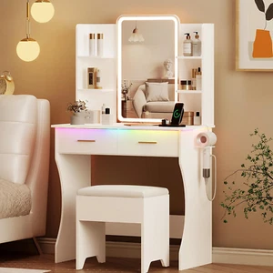 Vanity Desk with LED Lights Mirror & Power Outlet, Small Makeup Vanity Table Set - Picture 1 of 9