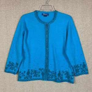 Monsoon Womens Cardigan 18UK (US 14) Blue Sweater Lambswool Floral Sequin Beaded - Picture 1 of 12