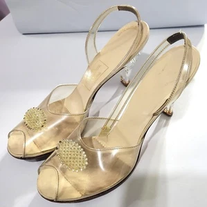 1950’s Vintage Clear Carved Lucite High Heel Peep Toe Shoes 8 AAA w/ Stones VG++ - Picture 1 of 10