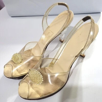 1950’s Vintage Clear Carved Lucite High Heel Peep Toe Shoes 8 AAA w/ Stones VG++ - Image 1 of 4