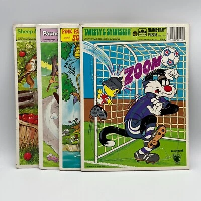 VTG Golden Frame-Tray LooneyTunes/PinkPanther/PoundPuppies/Sheep Puzzle LOT OF 4 - Image 1 of 4