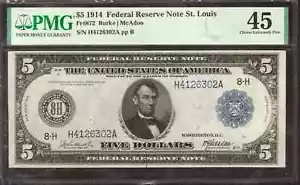 1914 $5 FEDERAL RESERVE NOTE ST LOUIS FR.872 BURKE MCADOO PMG CHOICE XF 45 (302A - Picture 1 of 2