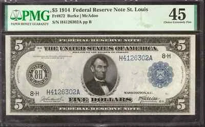 1914 $5 FEDERAL RESERVE NOTE ST LOUIS FR.872 BURKE MCADOO PMG CHOICE XF 45 (302A - Image 1 of 2