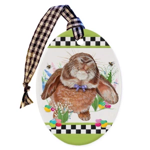 Hase Schleife Ohr braun Kaninchen Floral Keramik oval Ornament doppelseitig - Bild 1 von 2