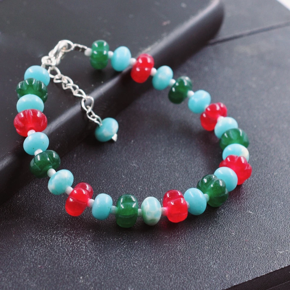 Genuiel Red&Green Aventurine+Larimar Quartz Gemstone Bracelet Jewellery - Image 1 of 4