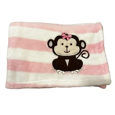 SNUGLY BABY Pink White Striped Print Fleece Monkey Bow Blanket Lovey HTF - Image 1 of 4