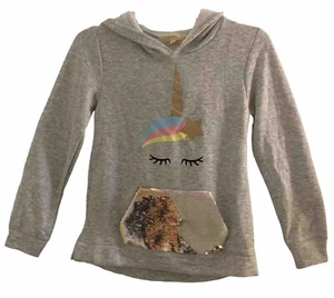 Btween Girls Gray Hoodie Sweatshirt 10 Glitter Unicorn Graphic Sequins Pocket - Picture 1 of 12