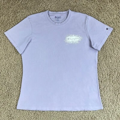 Camiseta CHAMPION Lavanda Manga Corta Logo Estampado Gráfico Cuello Redondo Niñas L 90s Foto 1 de 4