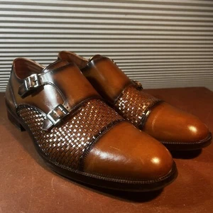 Studio Belvedere Men’s Sz 10.5D DBL Monk Strap Buckle Woven Cognac Leather Shoes - Picture 1 of 19