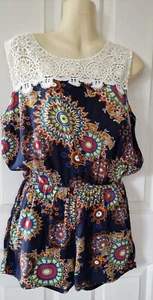 Navy blue/multi print playsuit with ivory white crochet lace detail, small - Picture 1 of 12