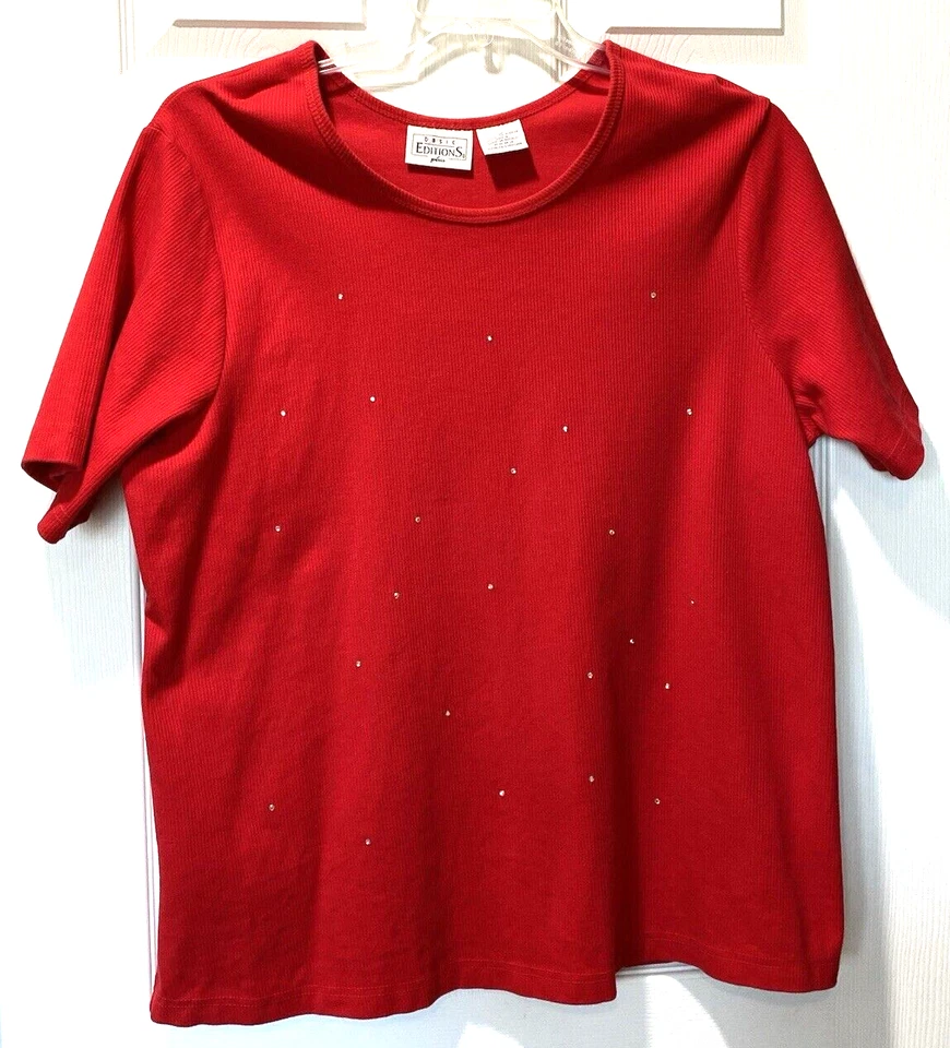 Camiseta Pullover Top Rojo con Cristales Manga Corta Algodón Trabajo Talla 1X Basic Editions Foto 1 de 4