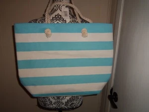 Strandtasche Beuteltasche, großes Baumwollseil SCHÖN helle Blautöne und weiße Streifen Neu mit Etikett - Bild 1 von 6