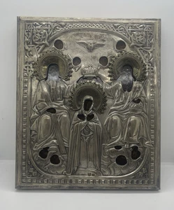 Icona Vergine incoronata,su tavola con riza rame,  fine '800- primi ‘900 - Imagen 1 de 6