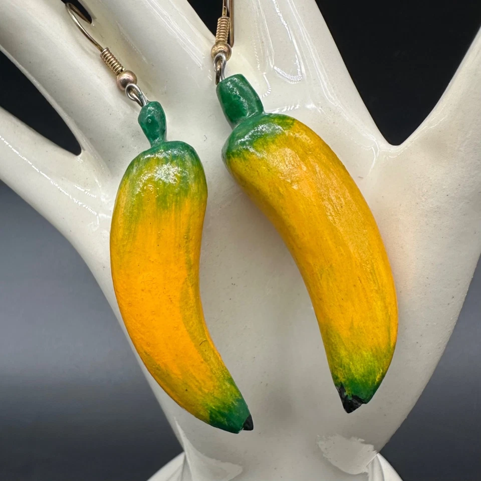 Banana Earrings Wooden Tropical Fruit Dangle Drop Yellow Kitschy Funky Beach - Image 1 of 4