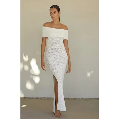 By Anthropologie TROPICS Off-Shoulder Sweater Maxi Dress in Ivory M NWT $118 - Image 1 of 4
