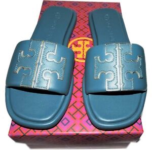 Tory Burch Slides DOUBLE T SPORT Sandals Turquoise Leather 6.5 Shoes Mules