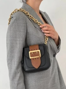 Burberry  Derby Calfskin Small Square Buckle Belt Bag Black Tan - Picture 1 of 7