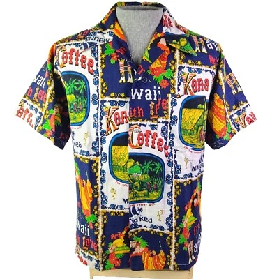 Camisa hawaiana vintage Kona café años 60 70 tela de corteza Aloha Mauna Kea para hombre talla M Foto 1 de 4