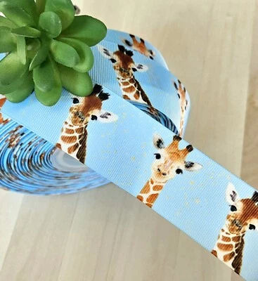 Cinta de grosgrain jirafa azul 5/8, 7/8 y 1,5 (1 año) cinta de baby shower selva  Foto 1 de 3