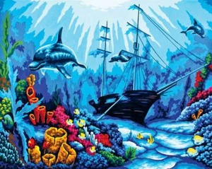 Dolphins Around A Wreck Tapestry Canvas - Picture 1 of 1