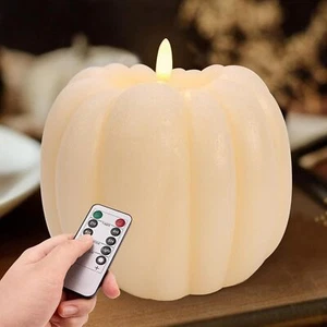 Fall Decorations for Home - Flickering Flameless Wax Pumpkin LED Candle White - Picture 1 of 7