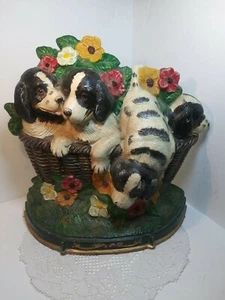 Vintage Large Cast Iron Door Stopper Floral Basket Of Dogs. Beautiful - Picture 1 of 12