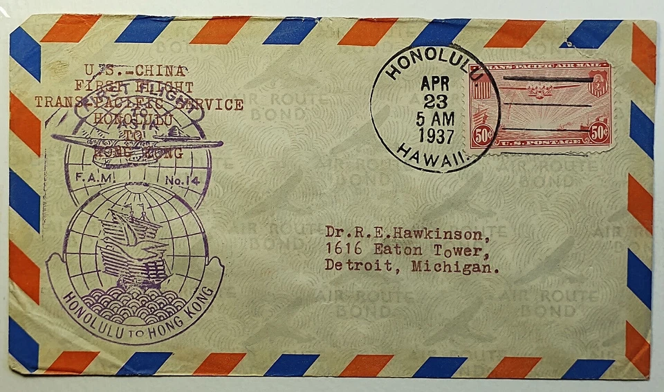 1937 First Flight Trans-Pacific Service Airmail Cover Honolulu to Hong Kong #C22 - Image 1 of 2