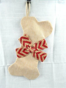 New Burlap Dog Bone Pet Christmas Stocking with Red Chevron Burlap Bow - Picture 1 of 3