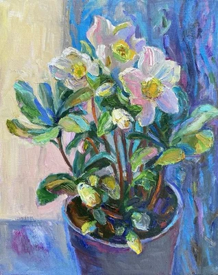 Ölgemälde, Christrosen, 30-24 cm, Öl, Leinwand auf Karton - Bild 1 von 2