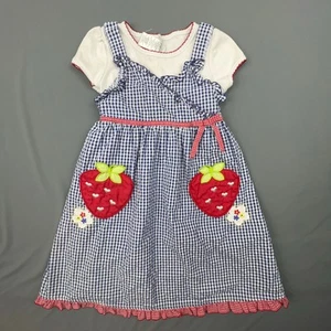 Youngland Girls Dress 6 Gingham Strawberry Pockets Cottagecore Summer Picnic - Picture 1 of 8