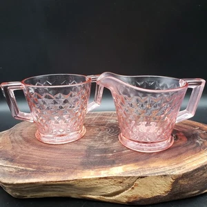 Imperial Glass Pink Diamond Quilted Creamer & Sugar Set Footed Vintage USA - Picture 1 of 16
