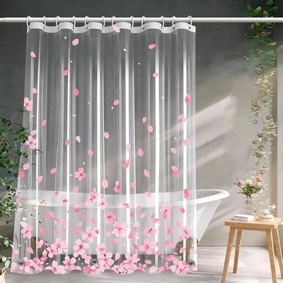 Lindo forro de cortina de ducha floral rosa transparente de plástico en flor de cerezo... Foto 1 de 4