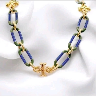 Collar Tory Burch Roxanne Cadena Oro, Azul Verde Esmalte Nuevo Con Bolsa $268 Foto 1 de 4