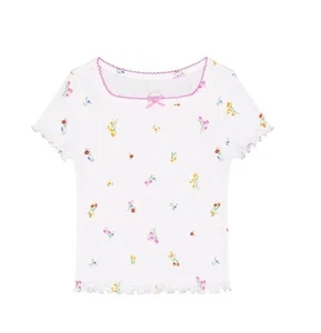 Wonder Nation Girl' Floral White Sweetheart Pointelle Trim Shirt Size M NEW - Picture 1 of 5